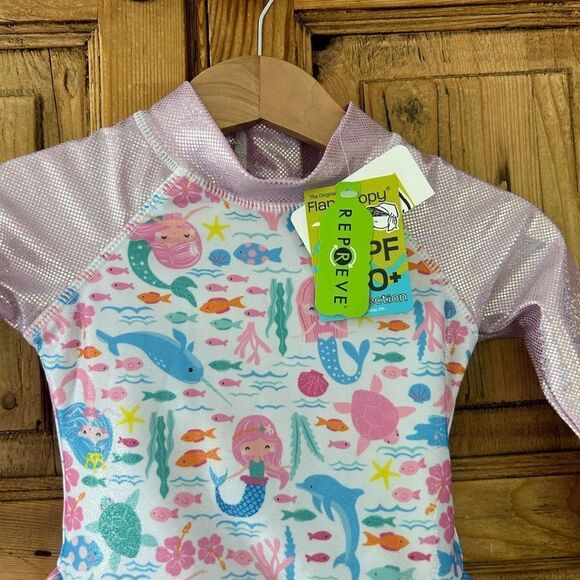 NWT FlapHappy 6M UPF 50+ Rashguard Swimsuit Mermaid Fish Glitter Pink Baby - Picture 2 of 10